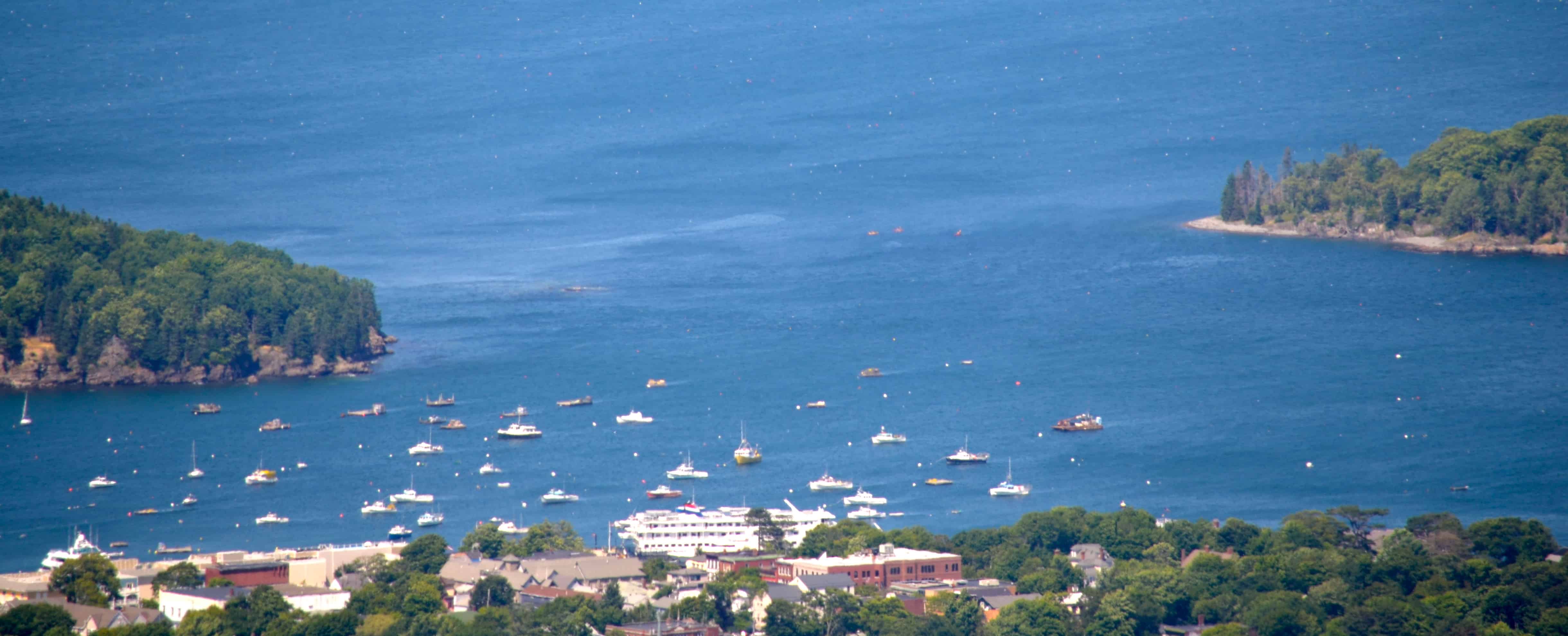The view of Bar Harbor and Frenchman Bay from the summit of Cadillac Mountain, the tallest peak on the Atlantic seaboard