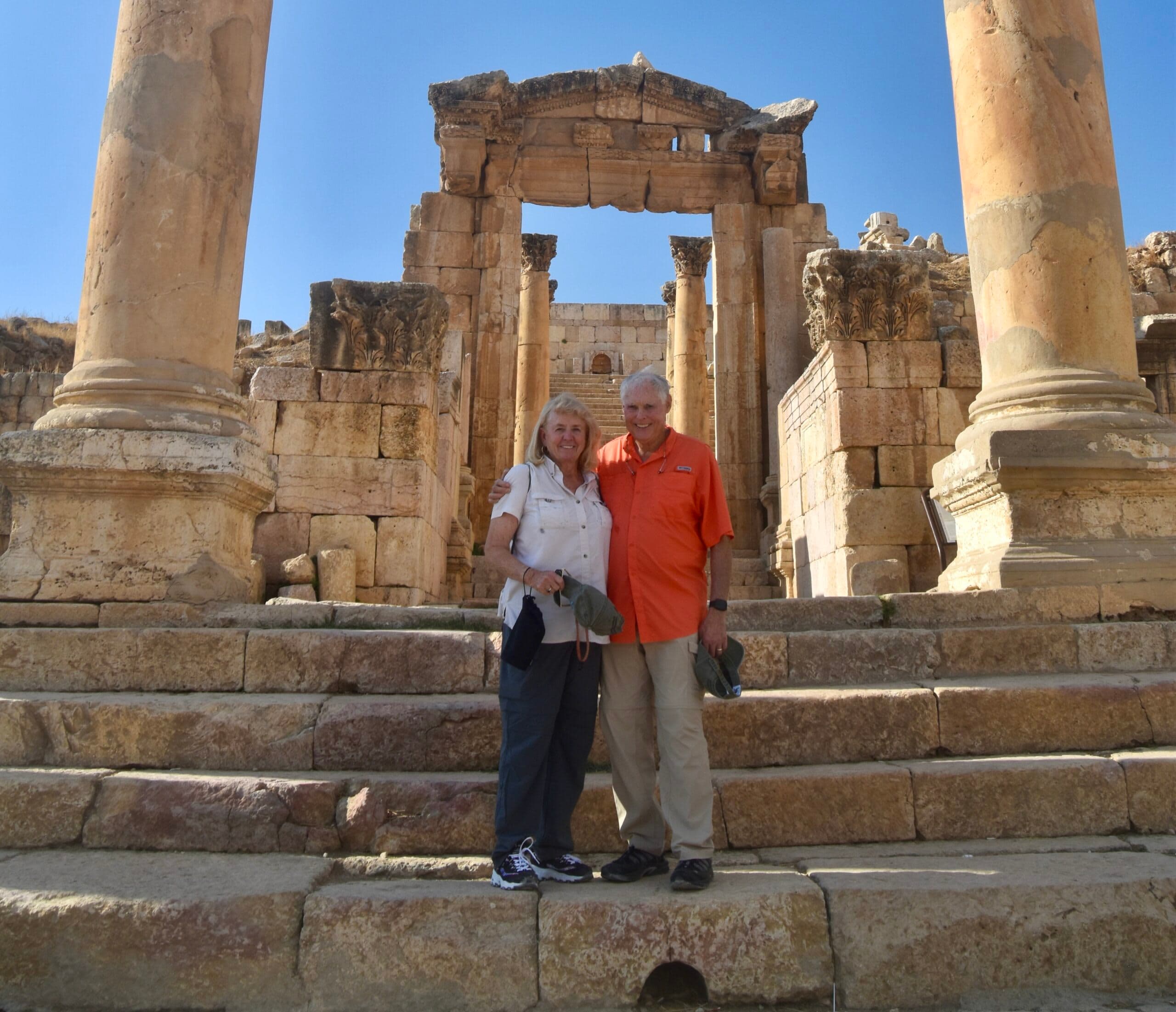 John and Janice in front of a temple at Jerash